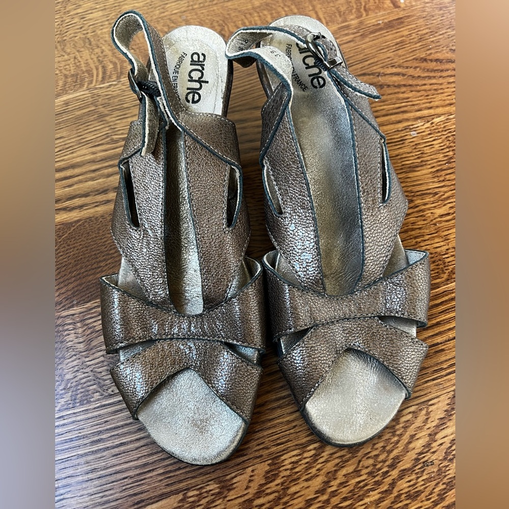 ARCHE Bronze Leather Sling Back Sandals France Feminine Heels Cut Out‎ 39